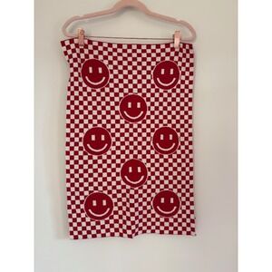 Rachel Zoe Red White Checkered Smiley Face Knit Hand Towel Happy Face Retro